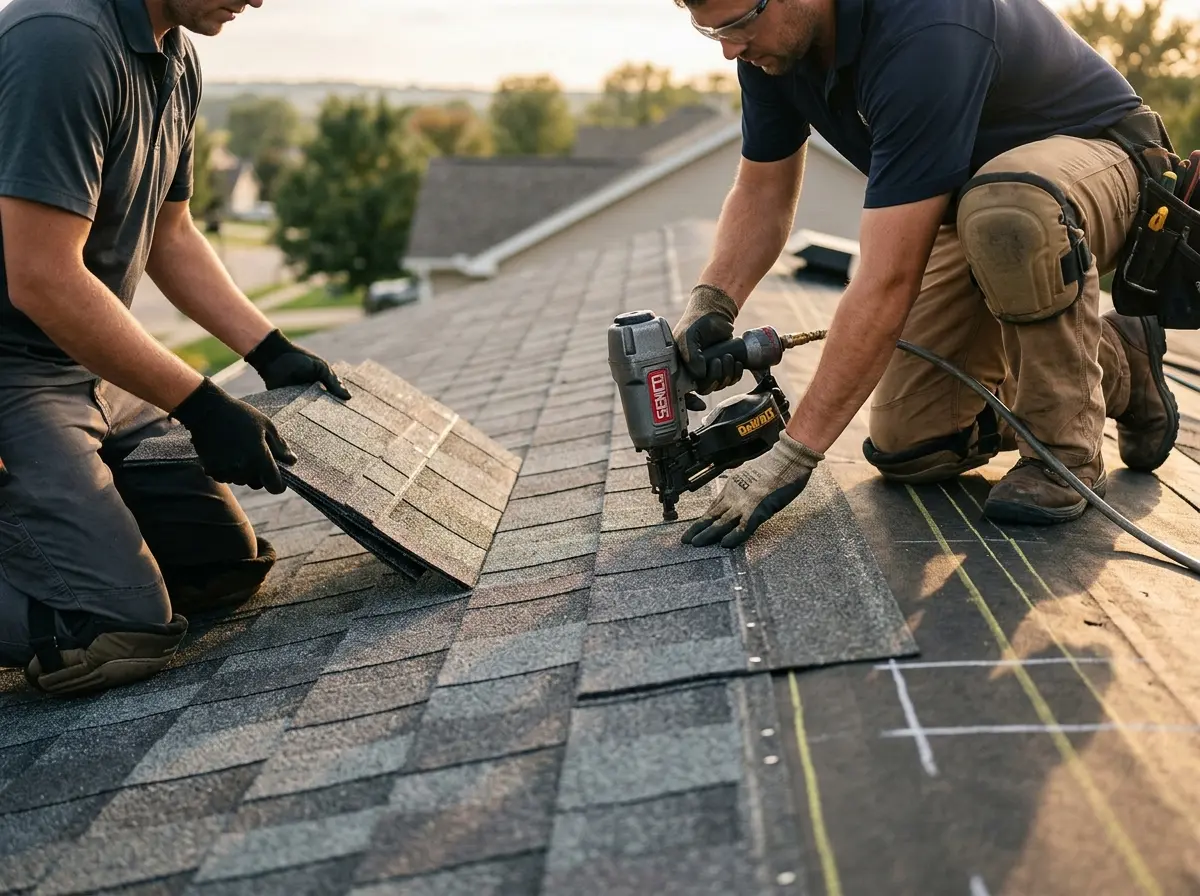 Professional roofer working on a residential roof in Glennville